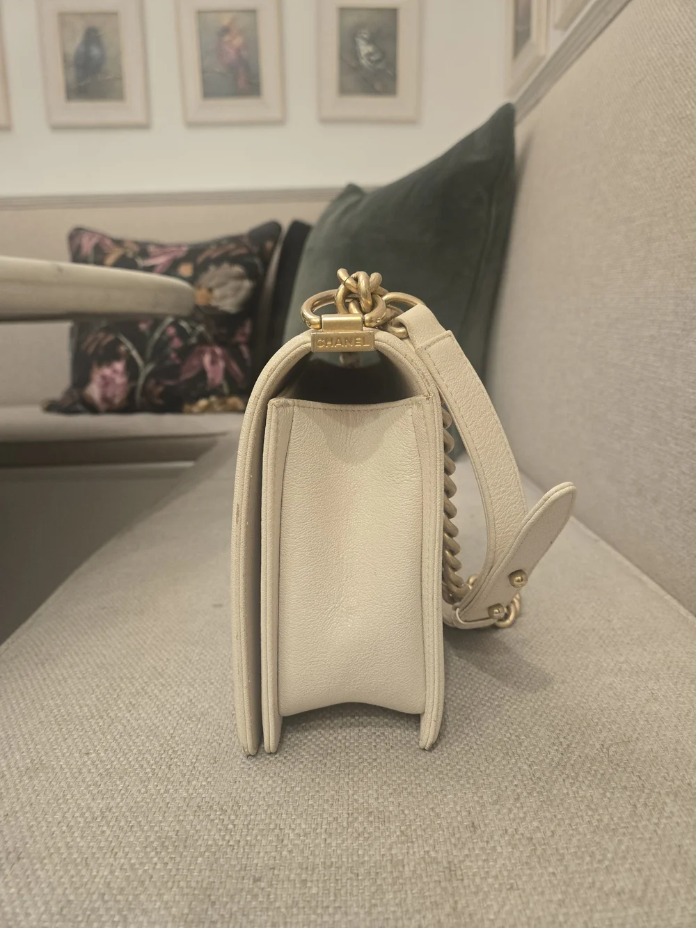 CHANEL Cream Quilted Large Boy Bag with Gold Hardware